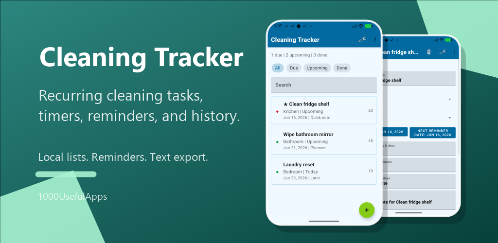 Cleaning Tracker app screen